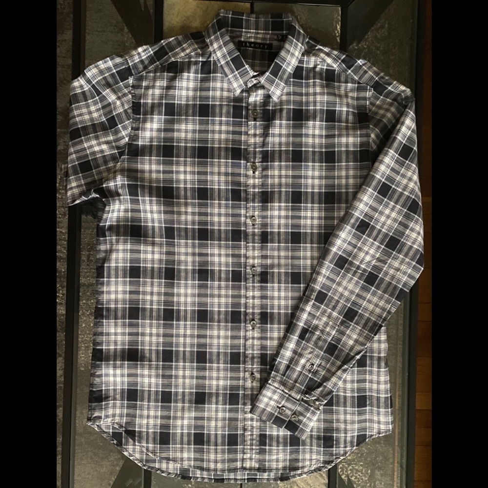 Theory Luxury Shirt Medium Plaid Button Cotton